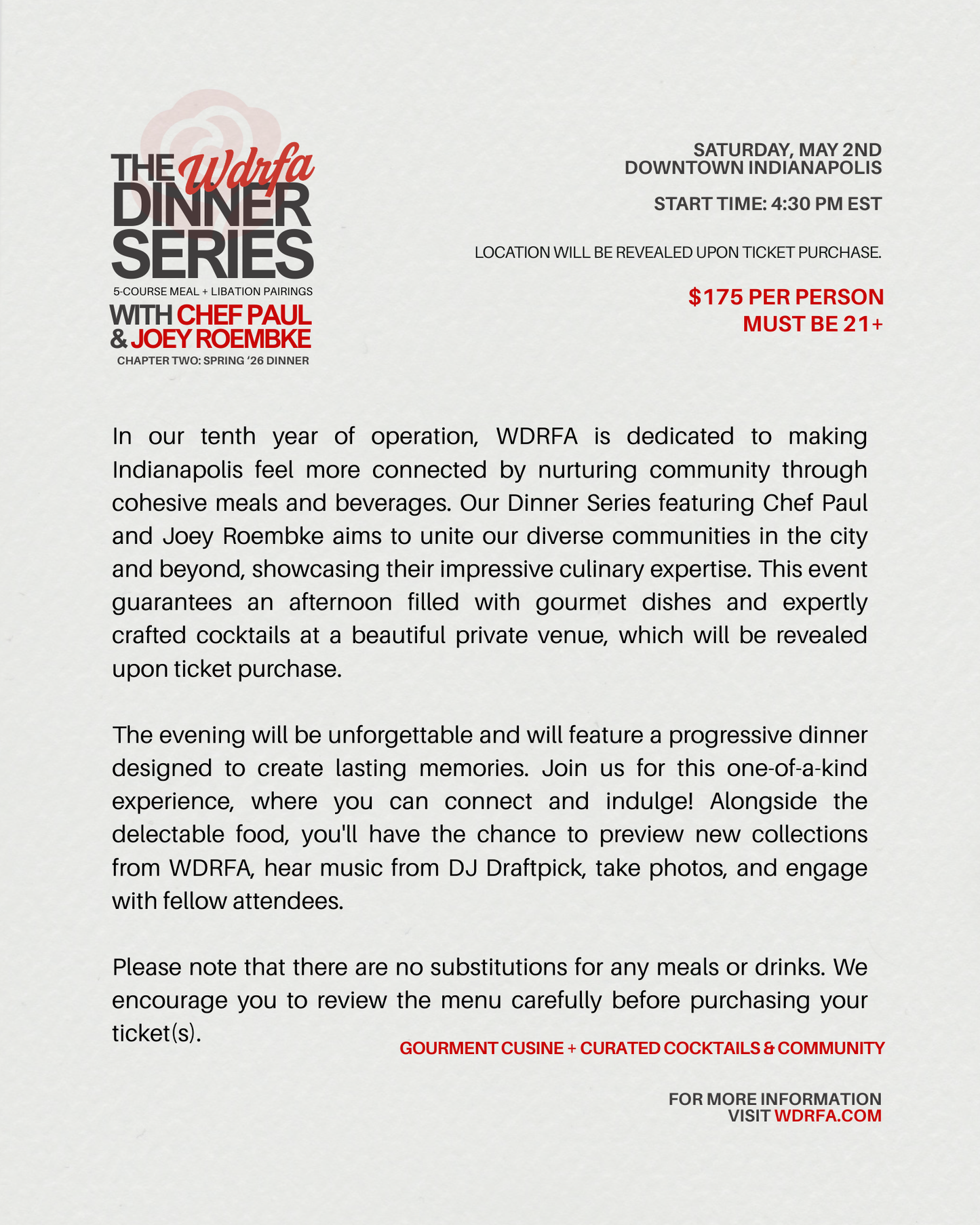 WDRFA DINNER SERIES: SPRING '26